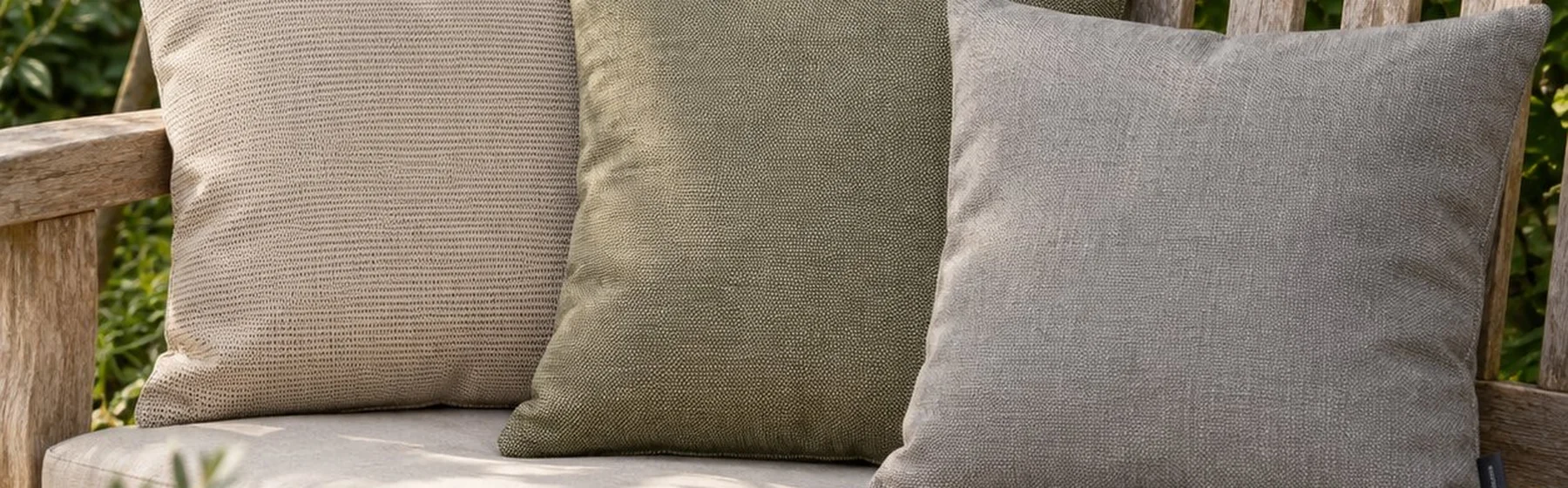 Garden bench with Sunbrella cushions in beige, green and grey