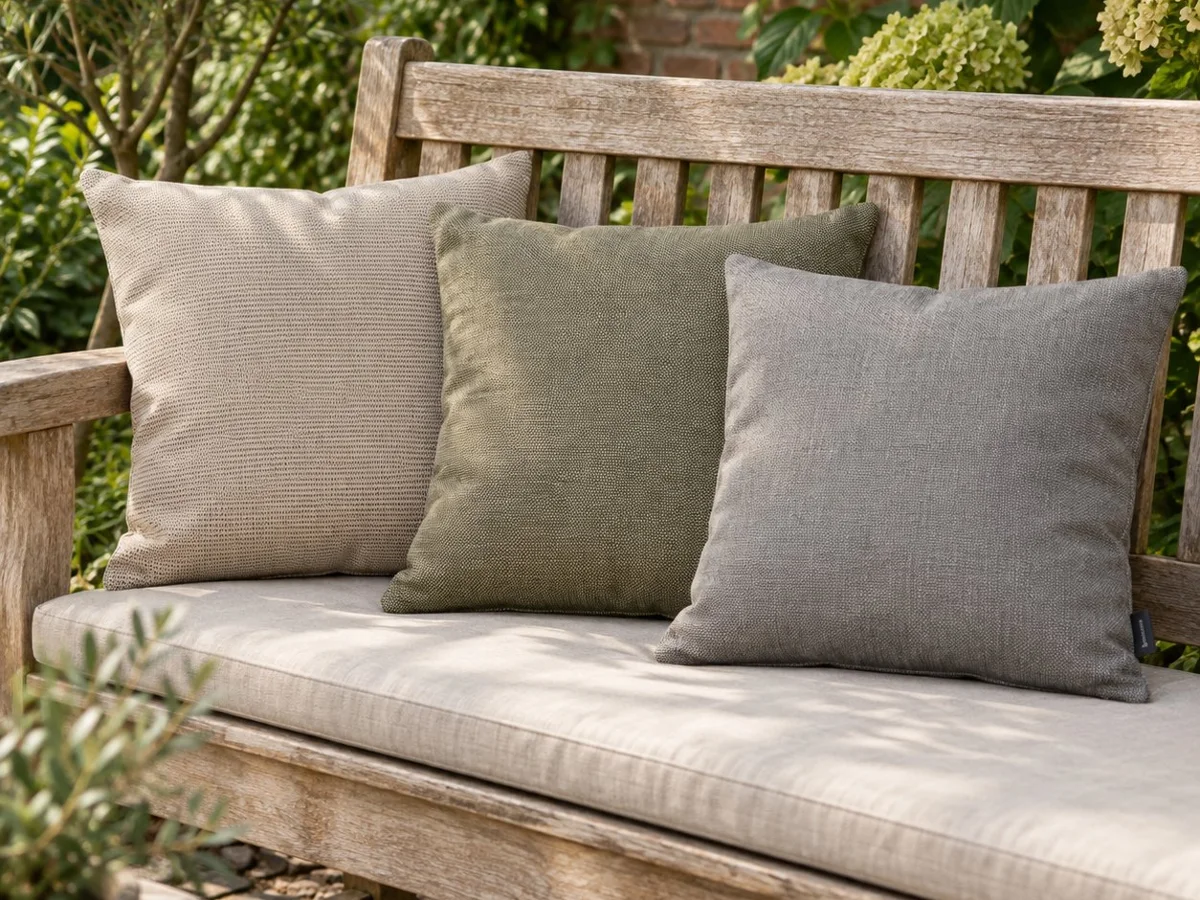 Garden bench with Sunbrella cushions after a rain shower